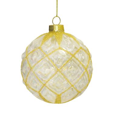 Pallina Natale Vetro cm.8 Trasparente Rombi Glitter Oro |Vacchetti