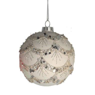 Pallina Natale Vetro cm.10 Bianca con Paillettes e Perline |Vacchetti