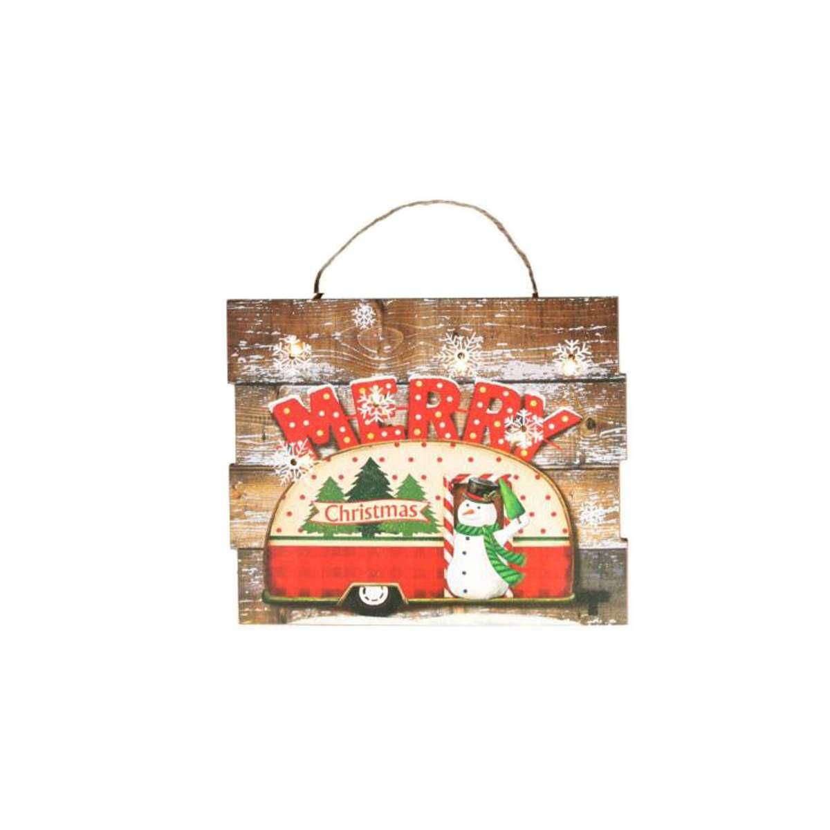 Targa Quadro Legno Natalizio con Furgoncino Rosso e Luce Led cm.24x20x2,5