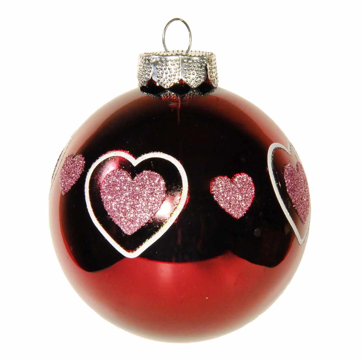 Pallina Natale Vetro cm.8 Rosso Amaranto Lucido con Cuori |Inge's Glass