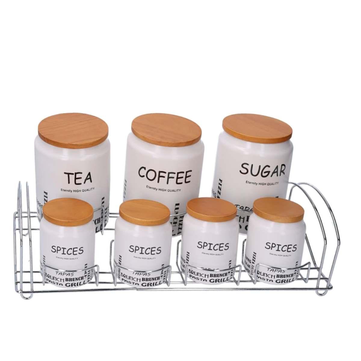 Barattoli Set pz.7 Ceramica Bianca con Supporto | Vacchetti