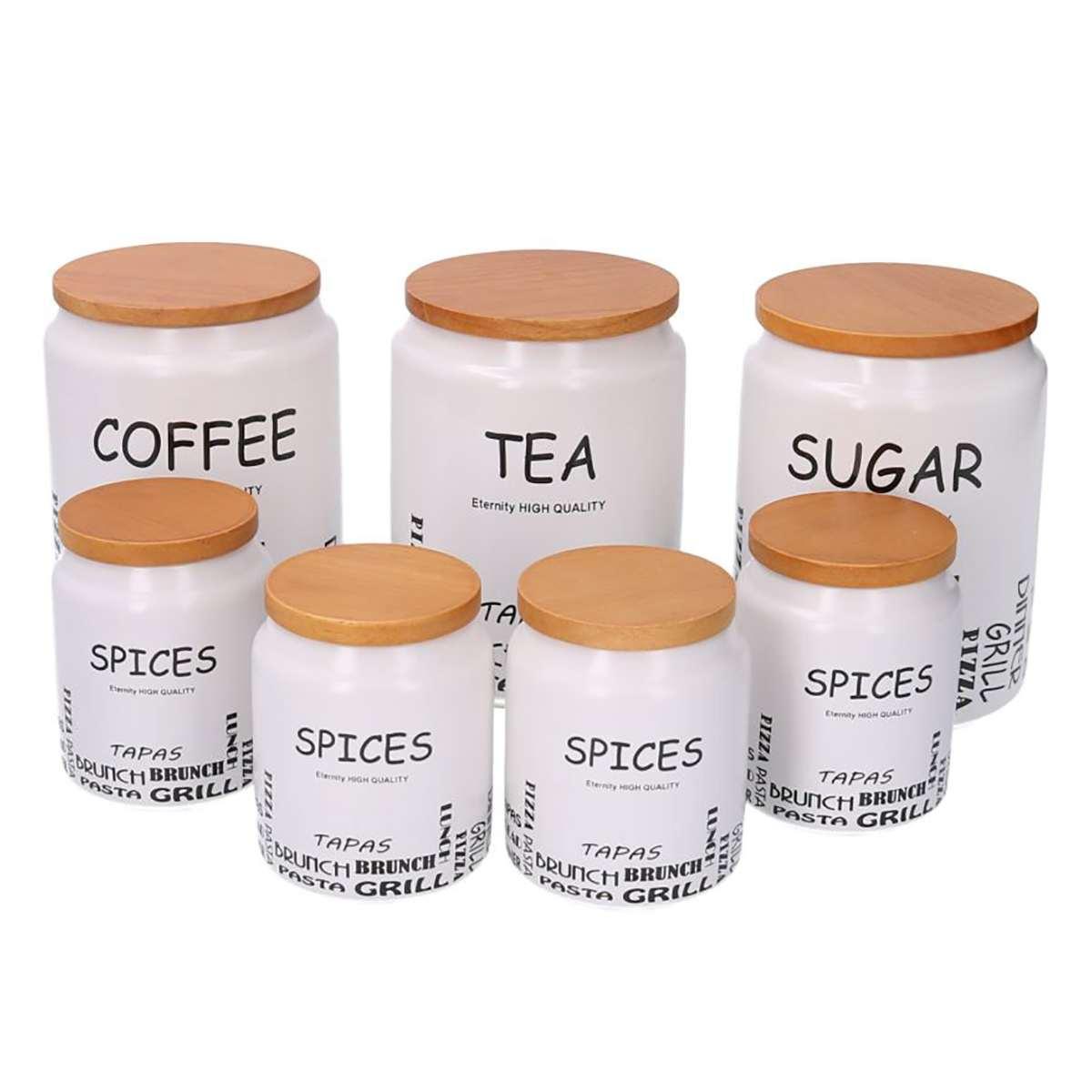 Barattoli Set pz.7 Ceramica Bianca con Supporto | Vacchetti