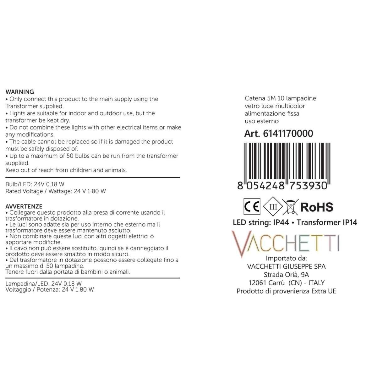 Catena 5mt. 10 Lampadine Vetro Luce Multicolor Luce Fissa |Vacchetti