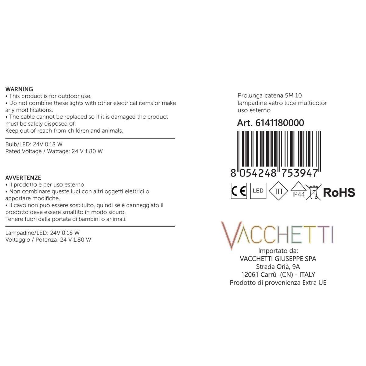 Prolunga Catena 5mt. 10 Lampadine Vetro Luce Multicolor Uso Esterno |Vacchetti