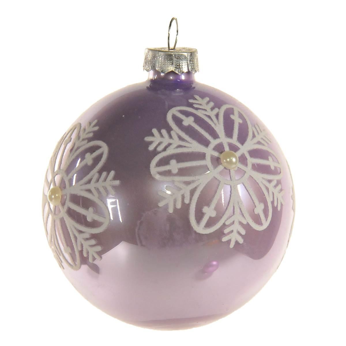 Pallina Natale Vetro cm.8 Lilla Lucido con Fiori Glitter |Inge's Glass