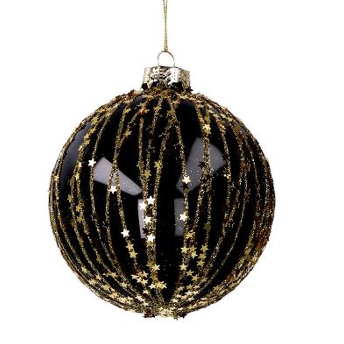 Pallina Natale Vetro cm.8 Nera con Glitter e Stelle Oro |Vacchetti