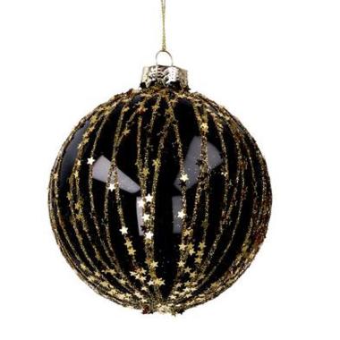 Pallina Natale Vetro cm.8 Nera con Glitter e Stelle Oro |Vacchetti