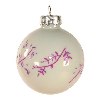 Pallina Natale Vetro cm.6 Bianca con Decori Lilla |Inge's Glass