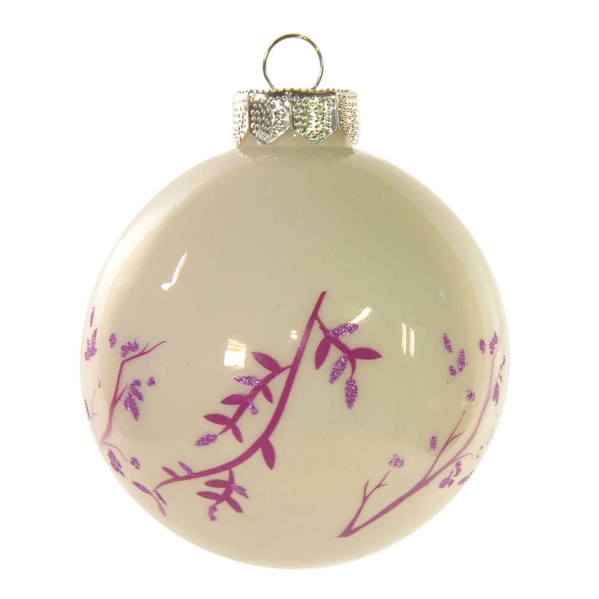 Pallina Natale Vetro cm.8 Bianca con Decori Lilla |Inge's Glass