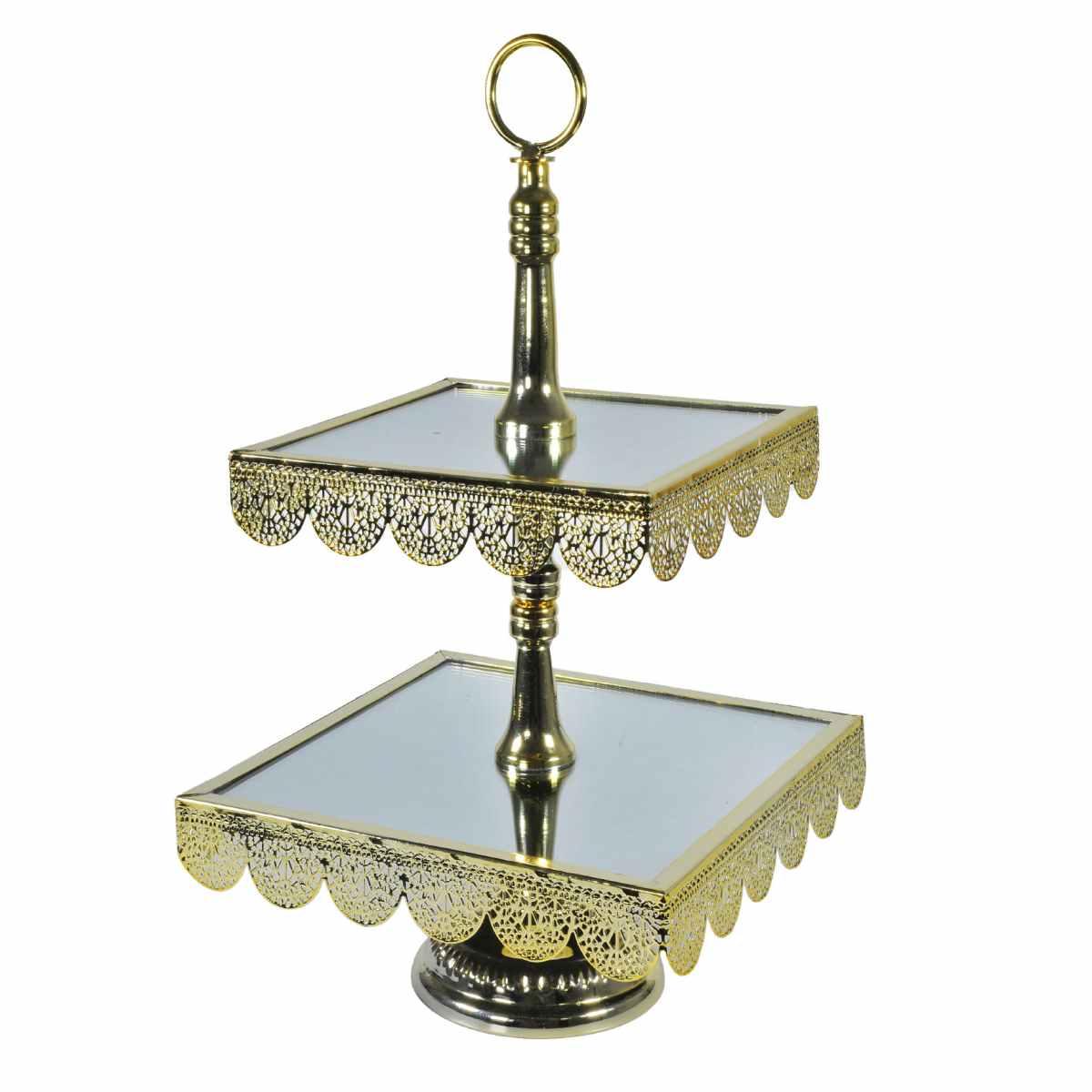 Centrotavola Alzata Metallo 2 Piani Oro con Specchio cm.24x24x44 | Silani