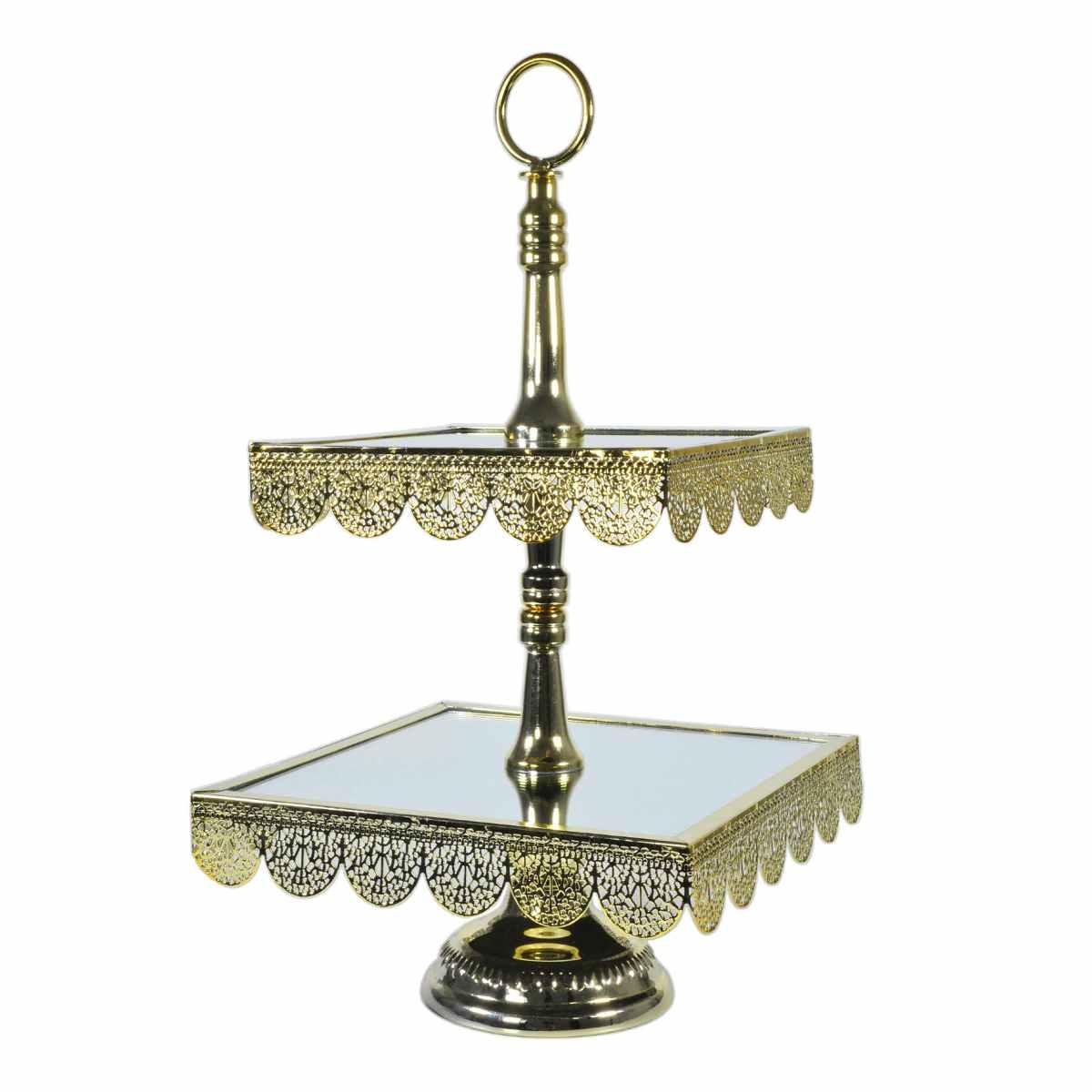 Centrotavola Alzata Metallo 2 Piani Oro con Specchio cm.24x24x44 | Silani