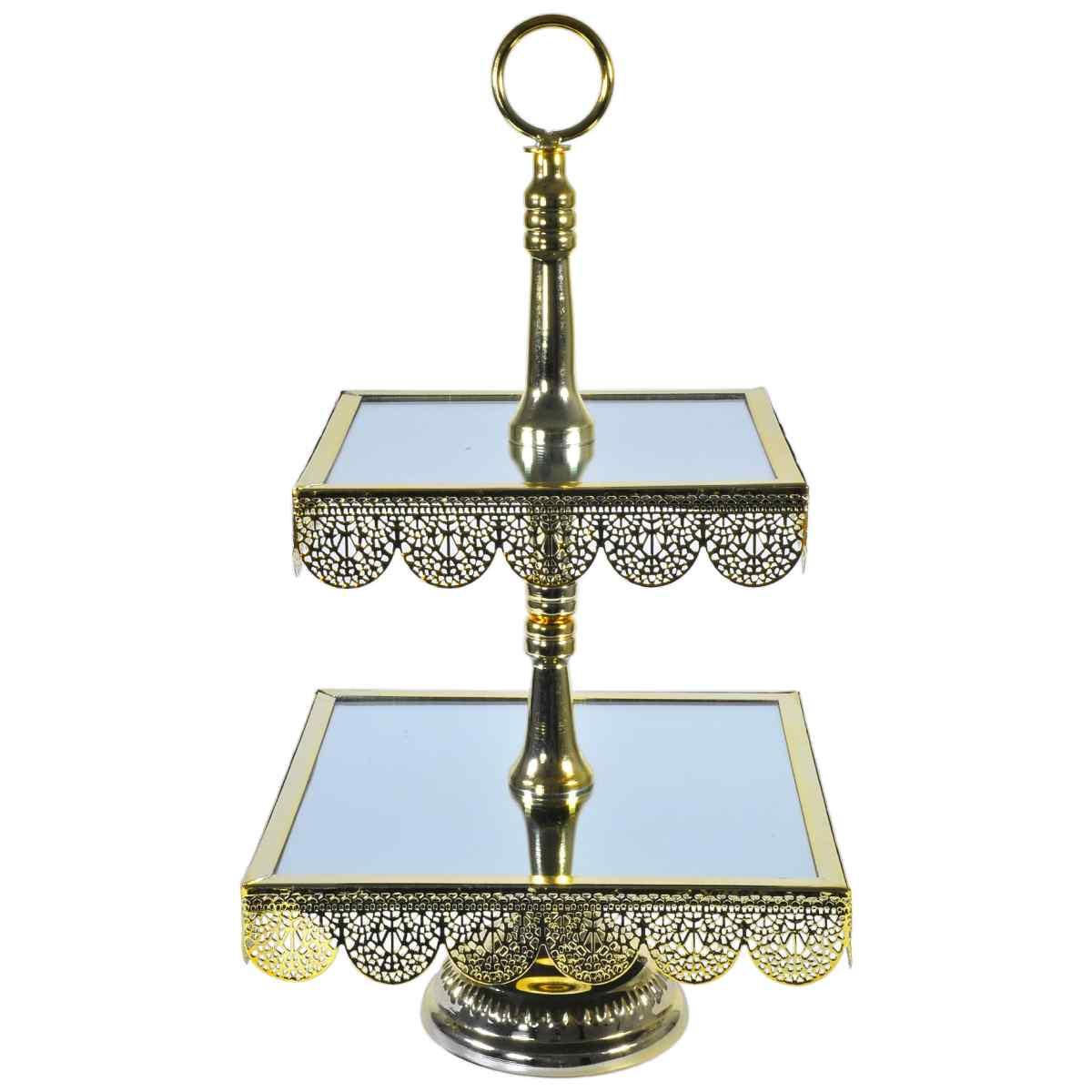 Centrotavola Alzata Metallo 2 Piani Oro con Specchio cm.24x24x44 | Silani