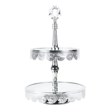 Centrotavola Alzata Metallo 2 Piani Argento con Specchio cm.25x40 | Silani