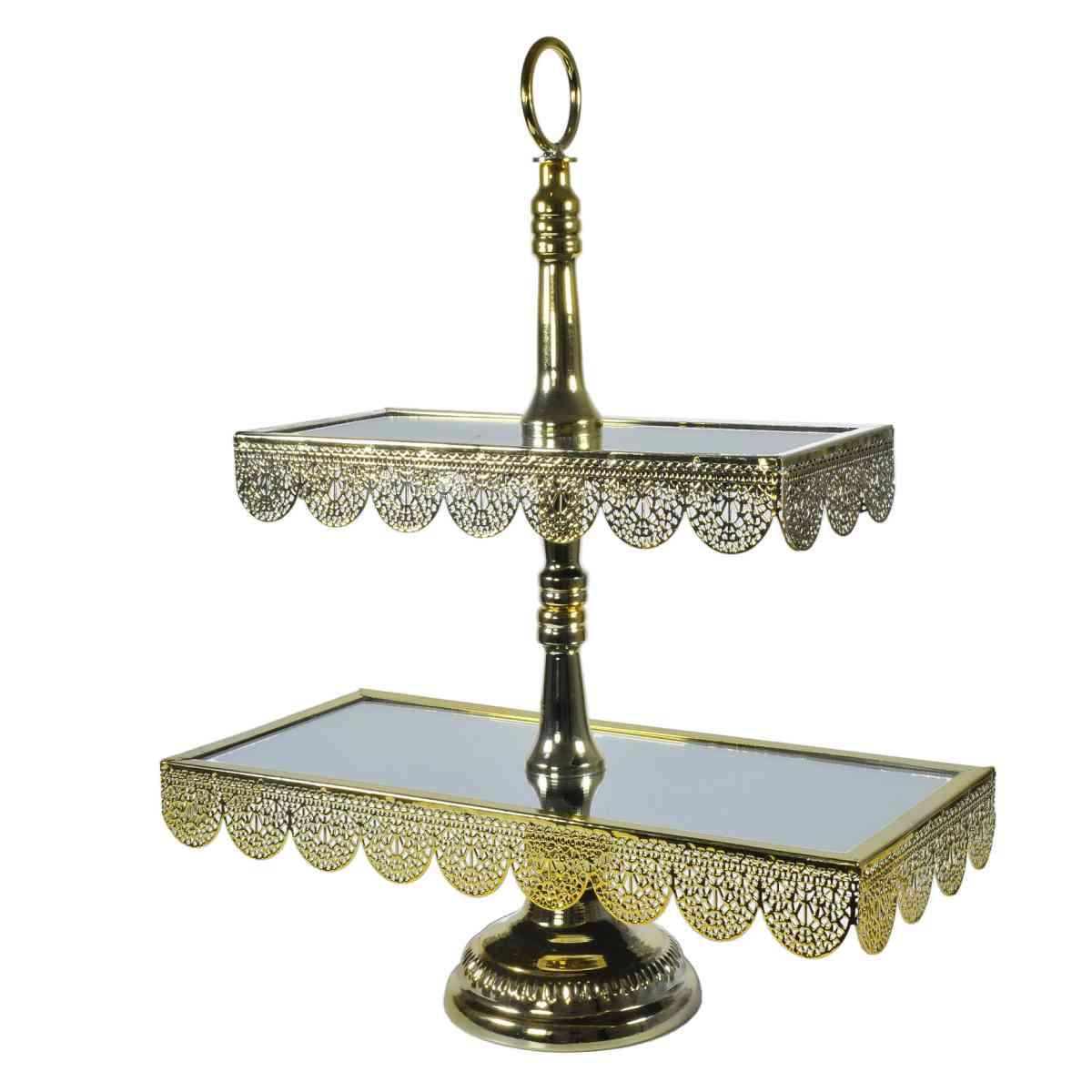 Centrotavola Alzata Metallo 2 Piani Oro con Specchio 36x16x45 | Silani