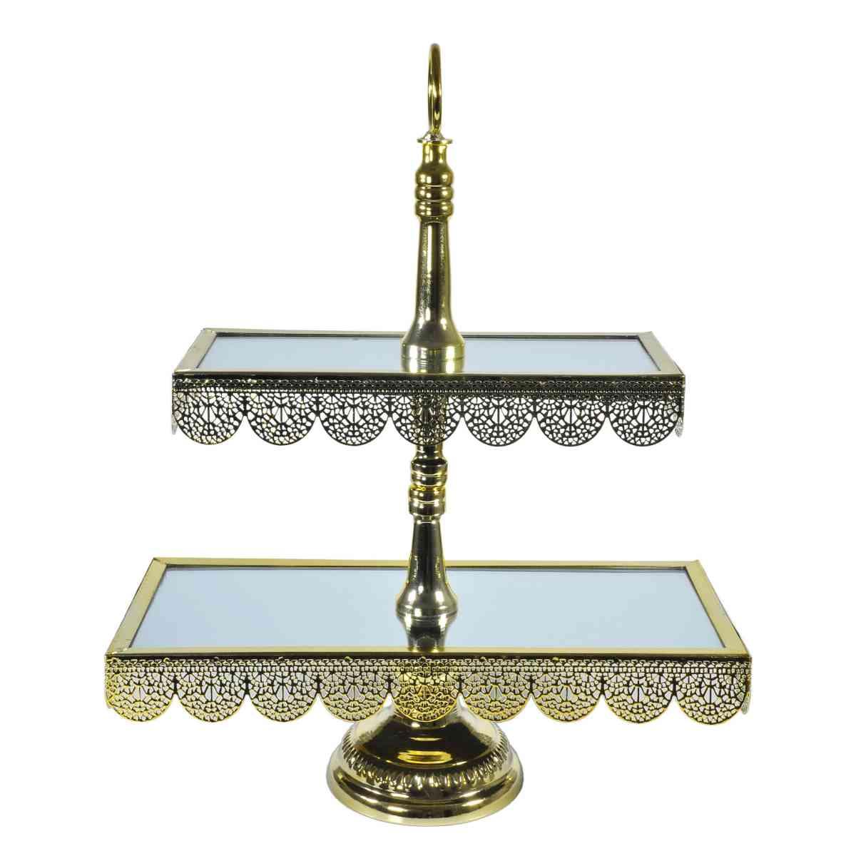 Centrotavola Alzata Metallo 2 Piani Oro con Specchio 36x16x45 | Silani