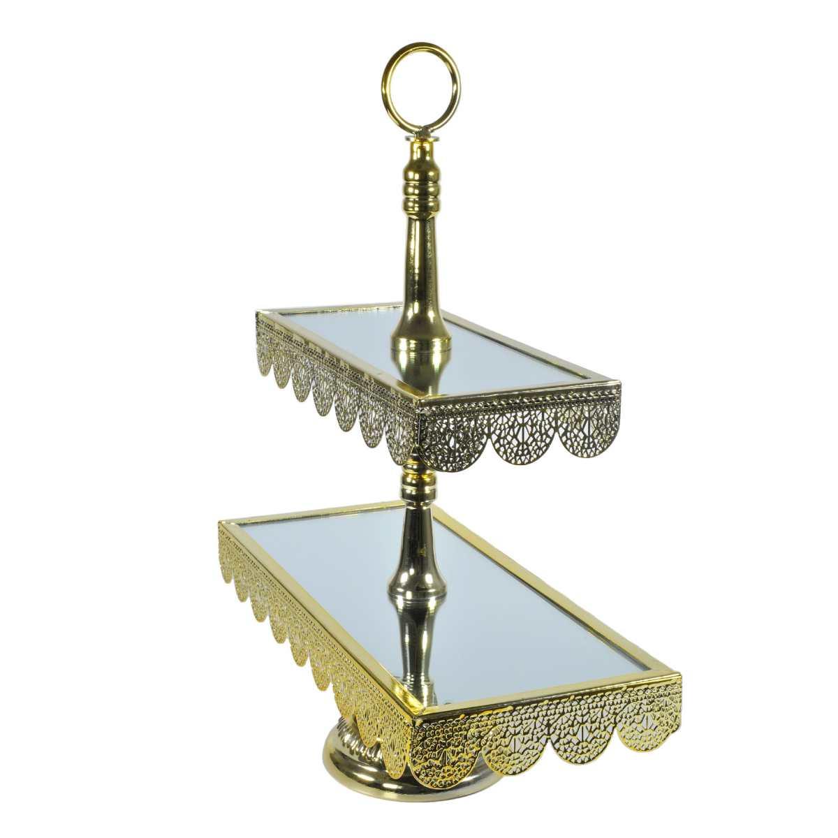 Centrotavola Alzata Metallo 2 Piani Oro con Specchio 36x16x45 | Silani