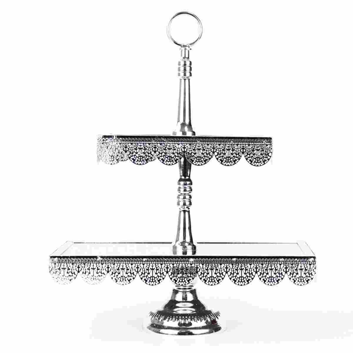 Alzata Metallo Argento 2 Piani con Piano Rettangolare Specchio cm.36x16xh45