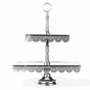 Alzata Metallo Argento 2 Piani con Piano Rettangolare Specchio cm.36x16xh45