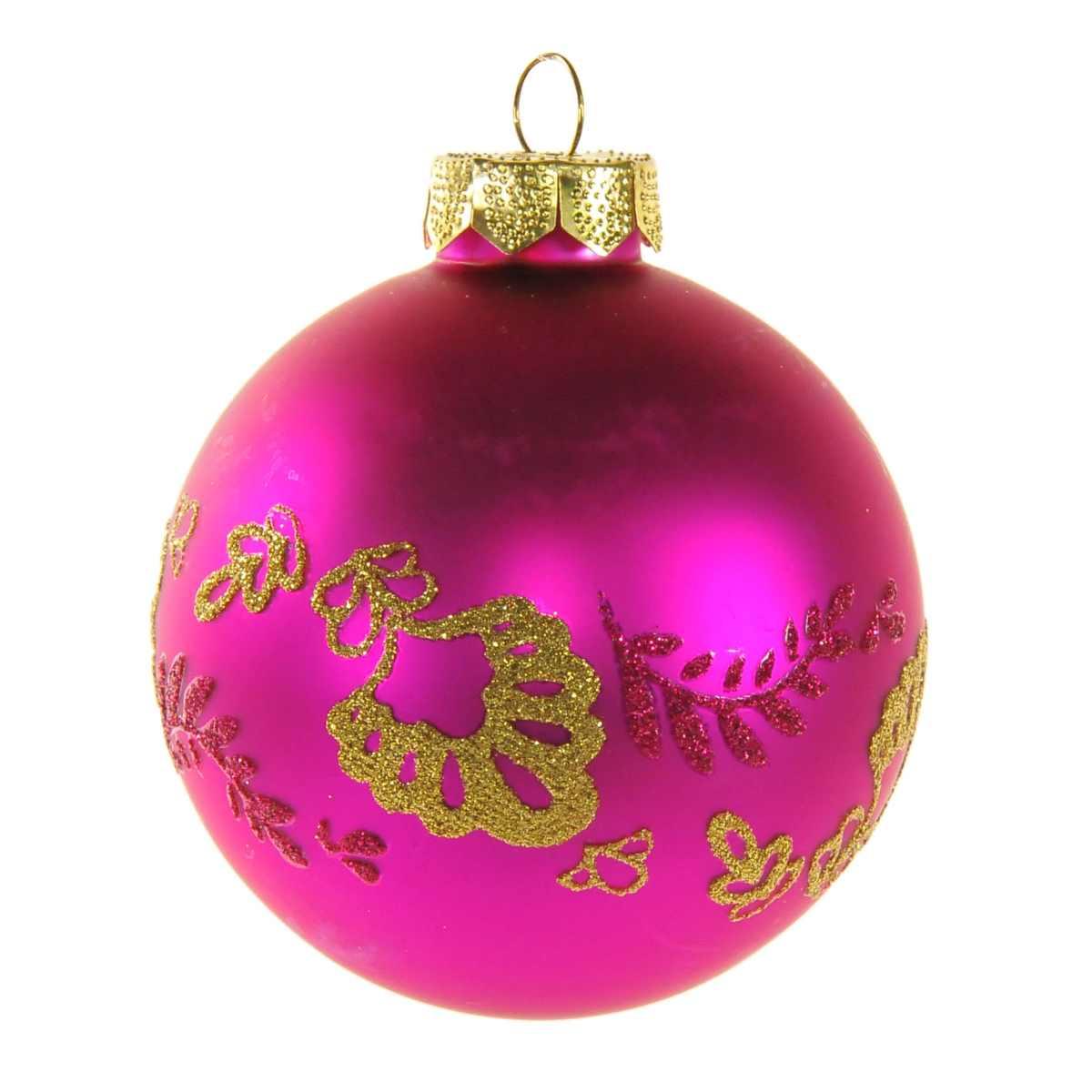 Pallina Natale Vetro cm.8 Fucsia con Glitter Oro |Inge's Glass