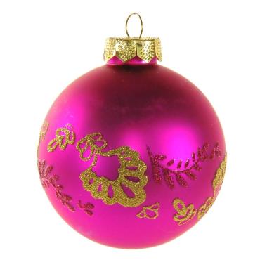 Pallina Natale Vetro cm.8 Fucsia con Glitter Oro |Inge's Glass