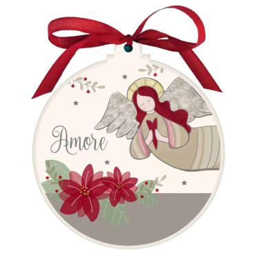 Pallina Natale Legno con Angelo Amore cm.10,5x1,2 |Angolo Idee