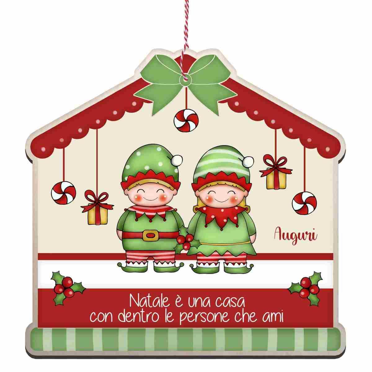 Targa Natalizia Legno Auguri con 2 Elfi cm.25x24 |Angolo Idee