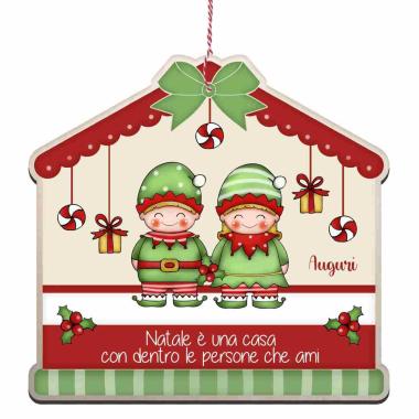 Targa Natalizia Legno Auguri con 2 Elfi cm.25x24 |Angolo Idee