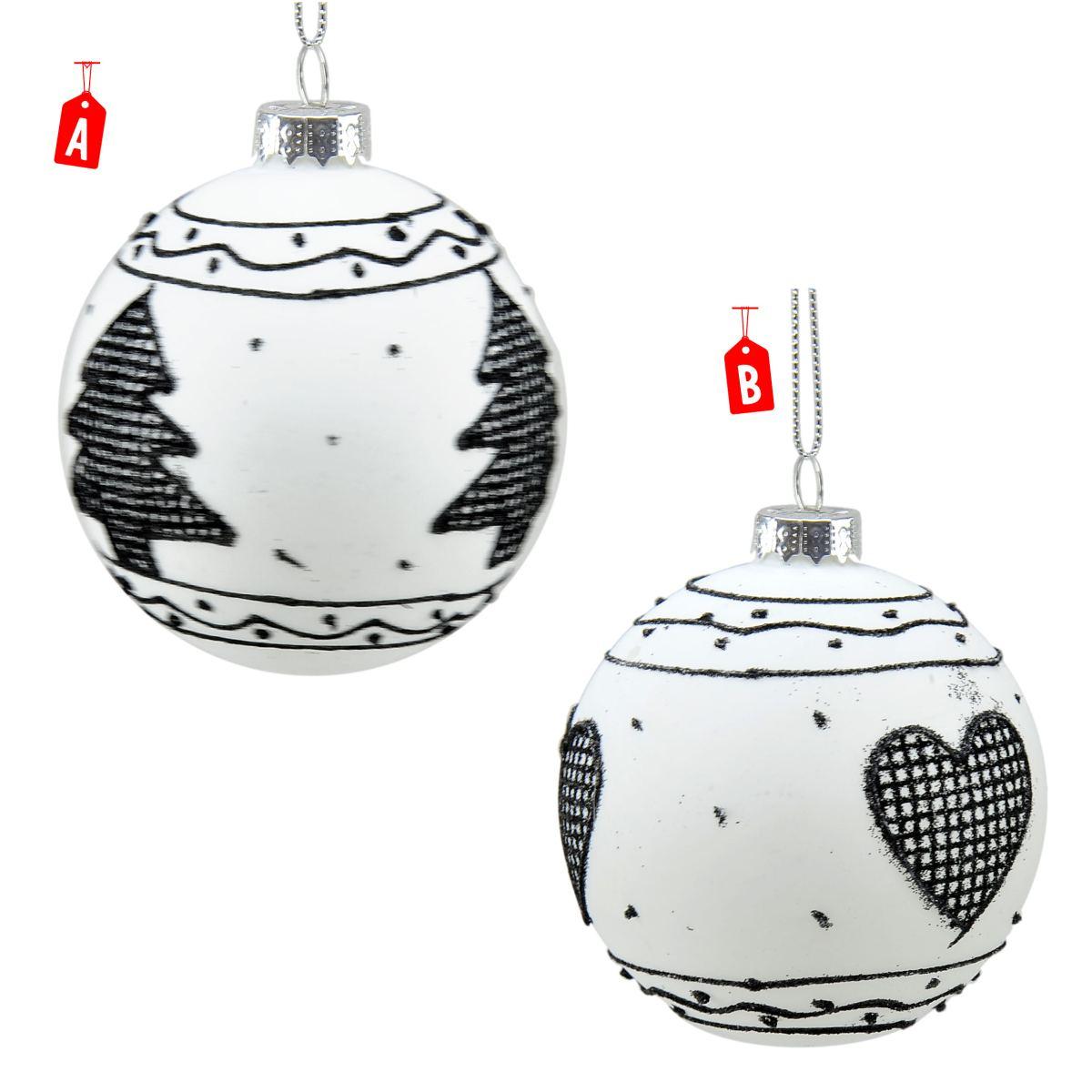 Pallina Natale Vetro cm.8 Bianca con Decori Neri 2 Modelli |Universl