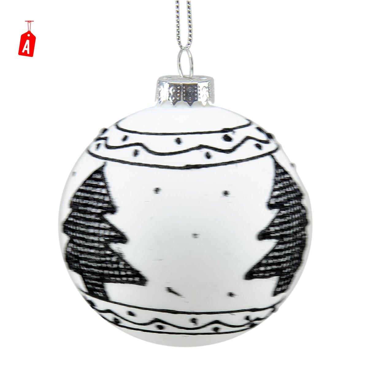 Pallina Natale Vetro cm.8 Bianca con Decori Neri 2 Modelli |Universl