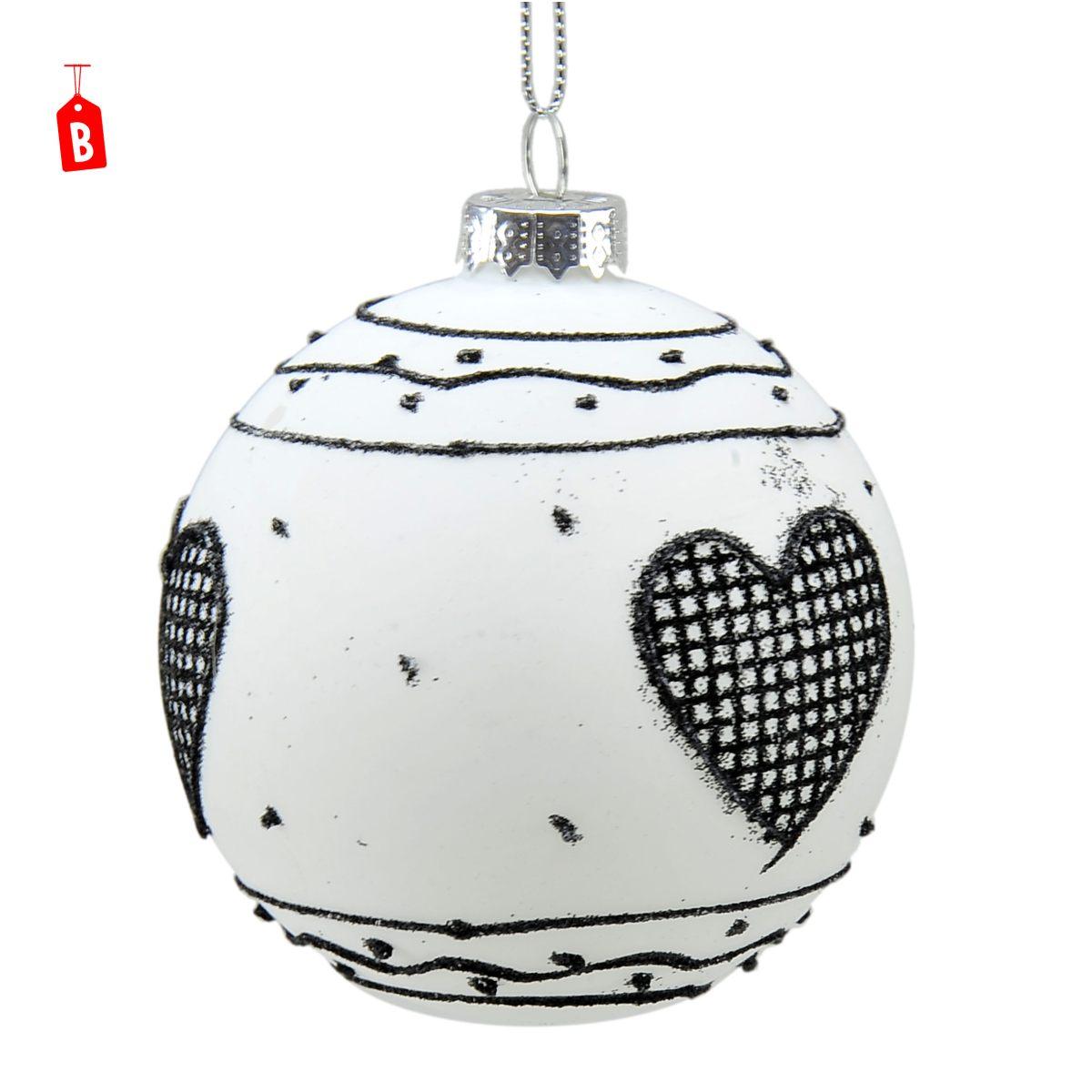 Pallina Natale Vetro cm.8 Bianca con Decori Neri 2 Modelli |Universl