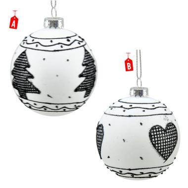 Pallina Natale Vetro cm.8 Bianca con Decori Neri 2 Modelli |Universl