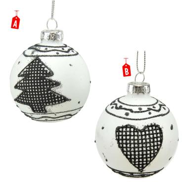 Pallina Natale Vetro cm.6 Bianca con Decori Neri 2 Modelli |Universl