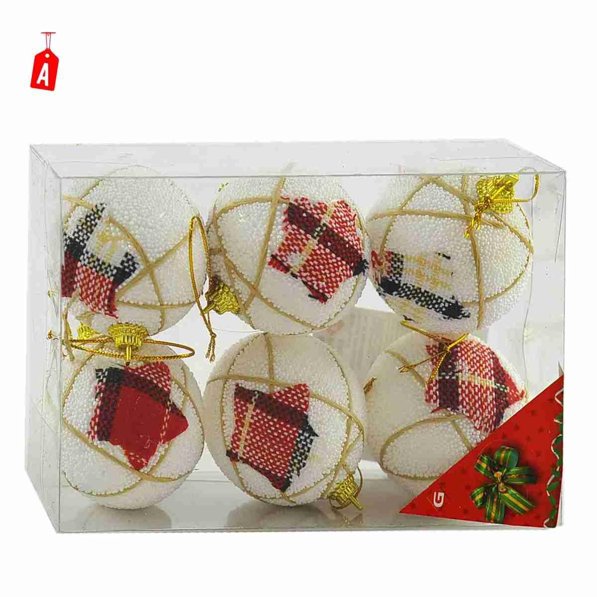 Pallina Natale cm.Ø6 Bianca con Decori in Tessuto 3 Modelli Set pz.6 |Inge's Glass