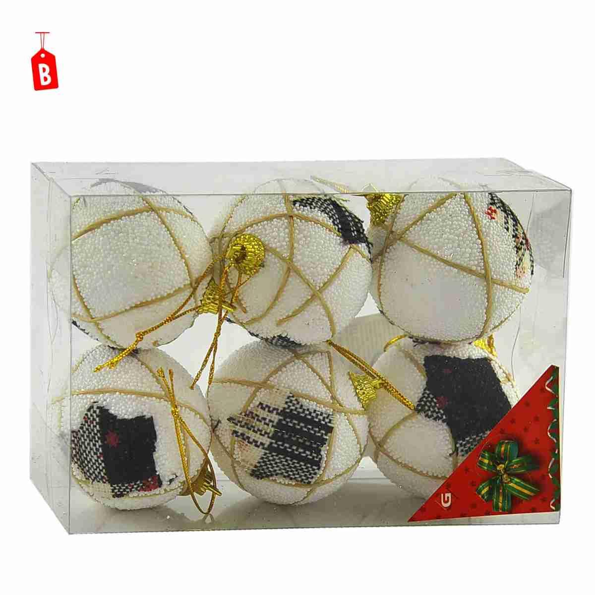 Pallina Natale cm.Ø6 Bianca con Decori in Tessuto 3 Modelli Set pz.6 |Inge's Glass