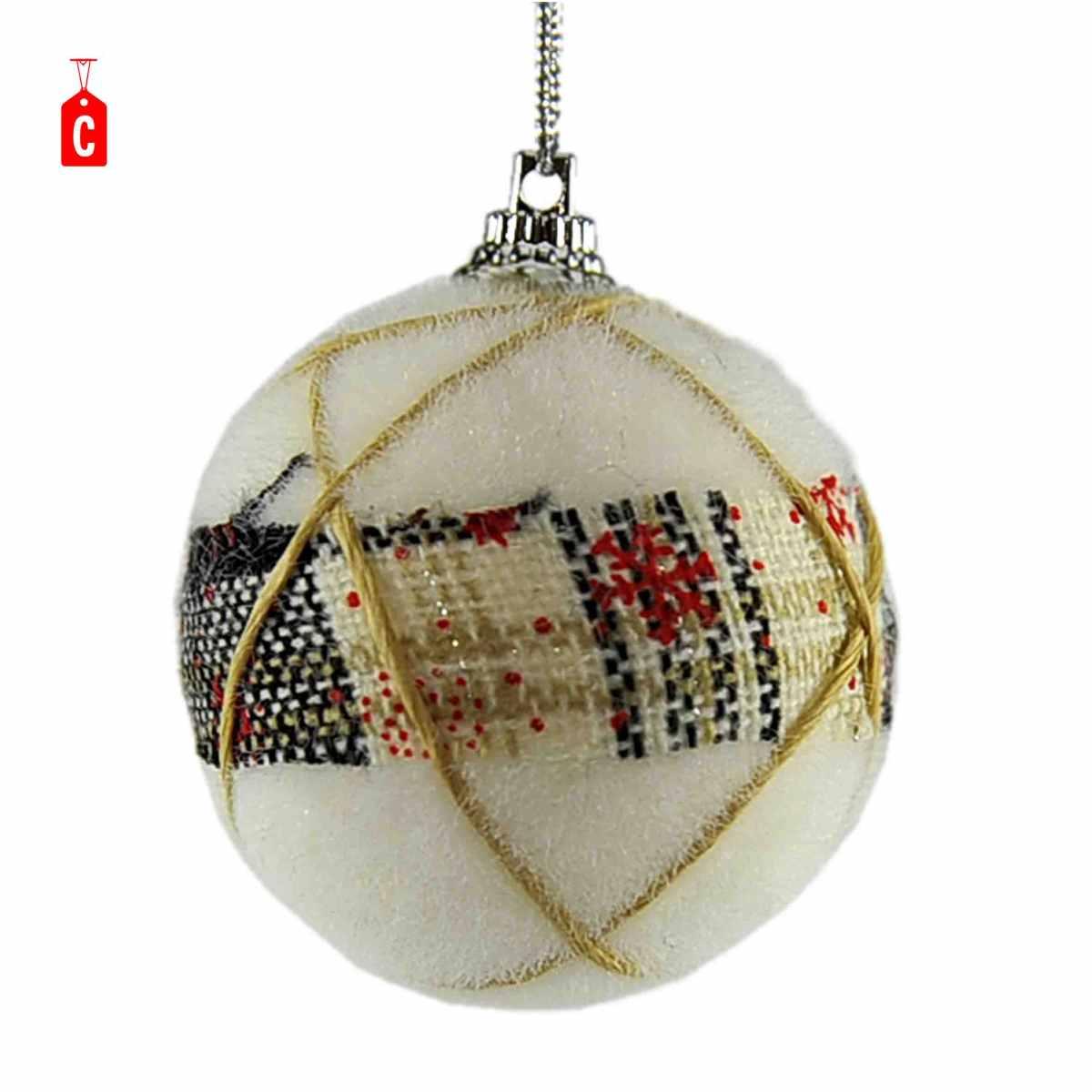 Pallina Natale cm.Ø6 Bianca con Decori in Tessuto 3 Modelli Set pz.6 |Inge's Glass