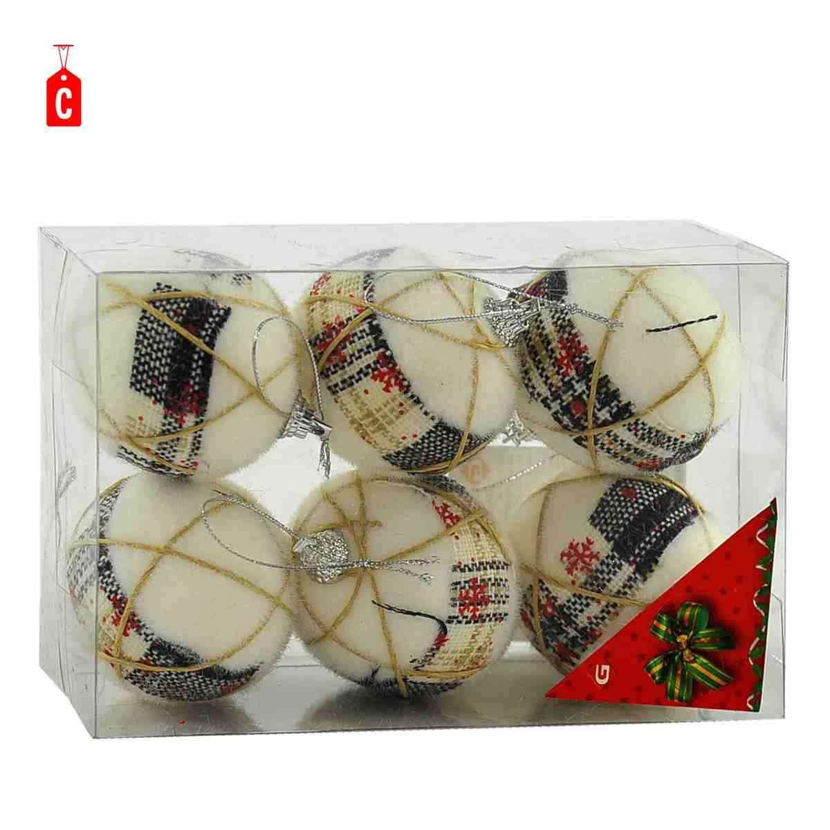 Pallina Natale cm.Ø6 Bianca con Decori in Tessuto 3 Modelli Set pz.6 |Inge's Glass