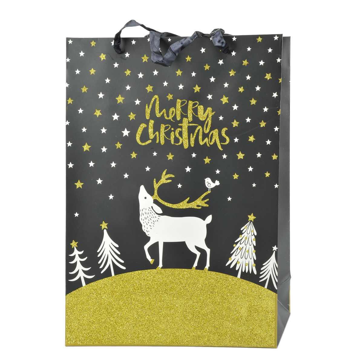 Busta Regalo Natale Nera Glitter Oro 42x30x12