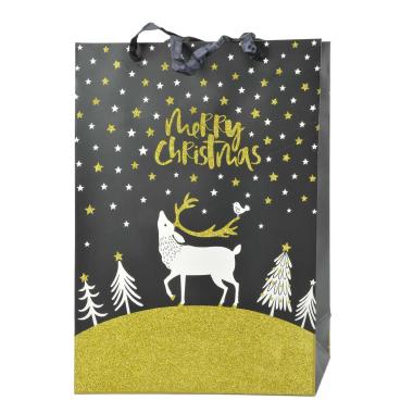 Busta Regalo Natale Nera Glitter Oro 42x30x12