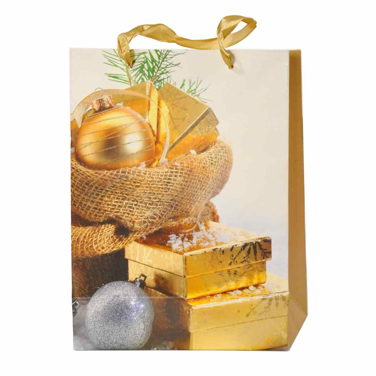 Busta Regalo Natale cm.24x18x8 Pacchetti Oro |M2 Store