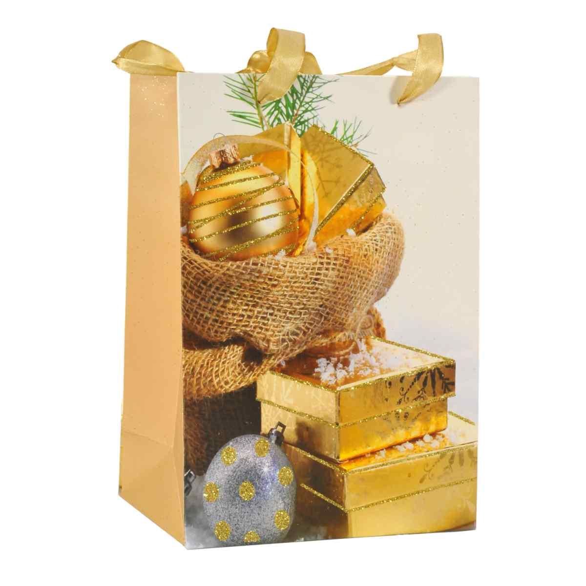Busta Regalo Natale cm.24x18x8 Pacchetti Oro |M2 Store