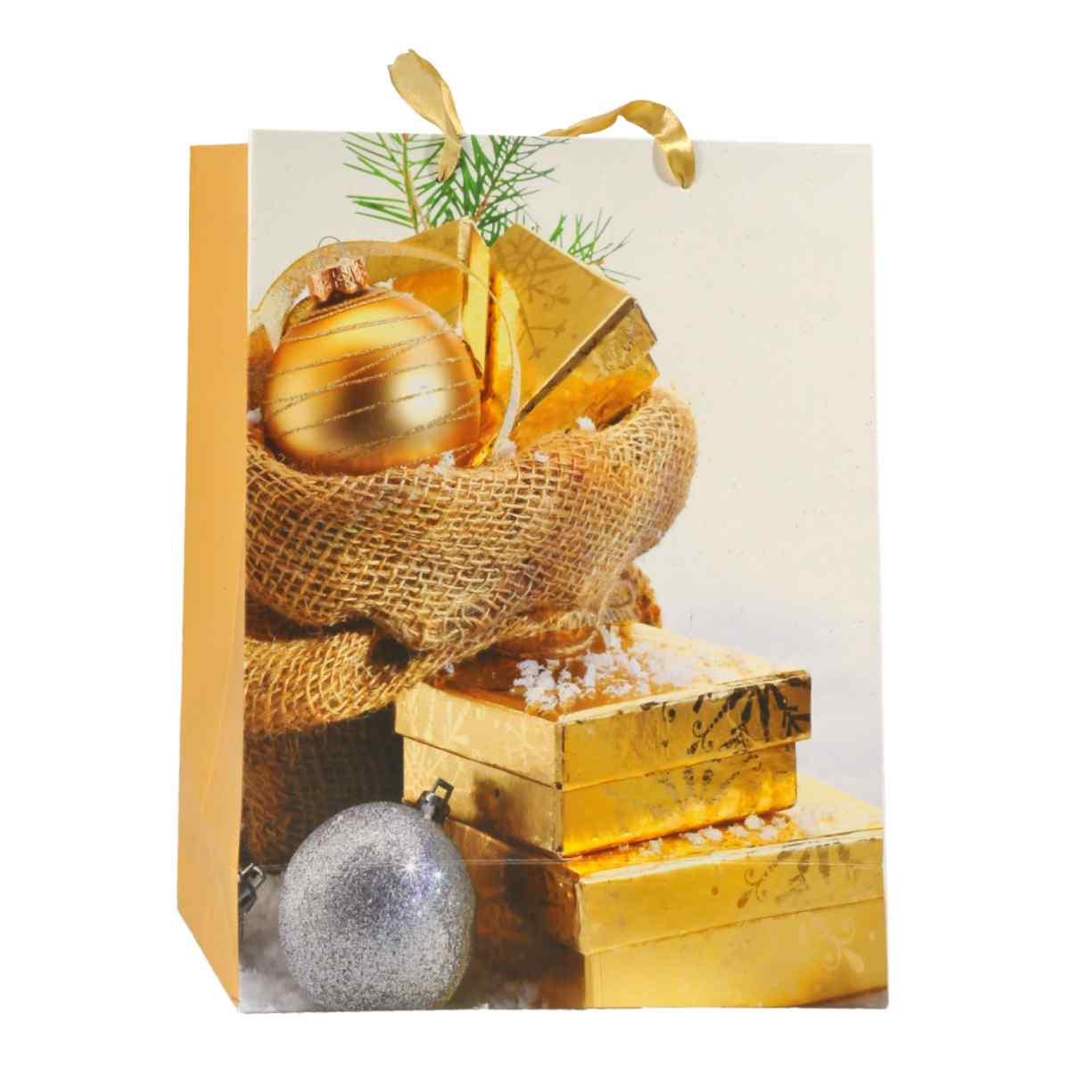 Busta Regalo Natale cm.32x26x10 Pacchetti Oro |M2 Store