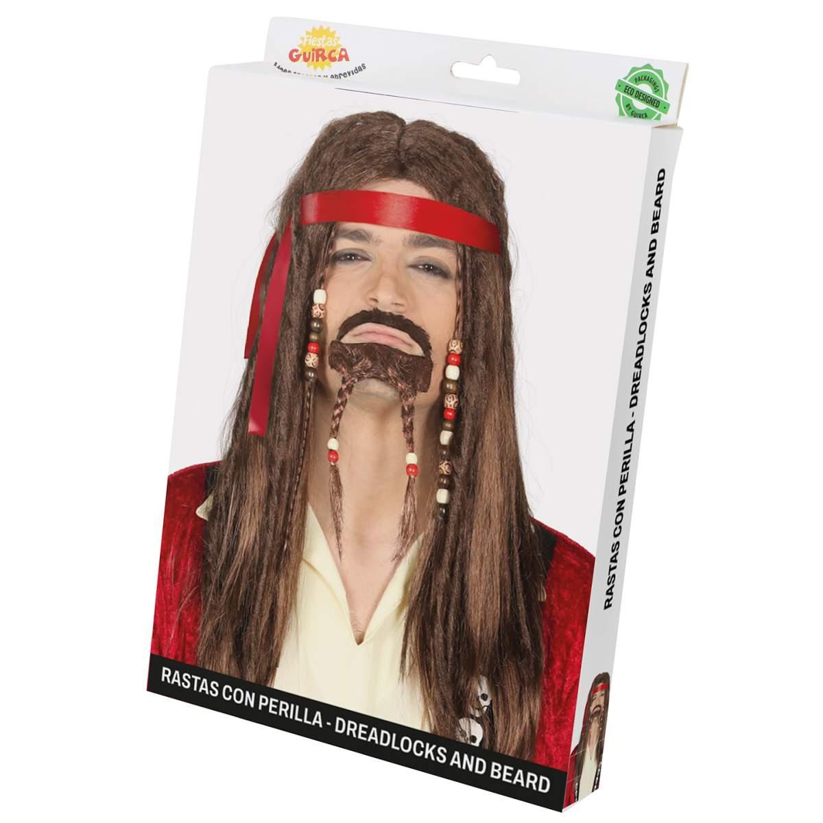 Parrucca Pirata Castana Lunga e Liscia con Pizzetto