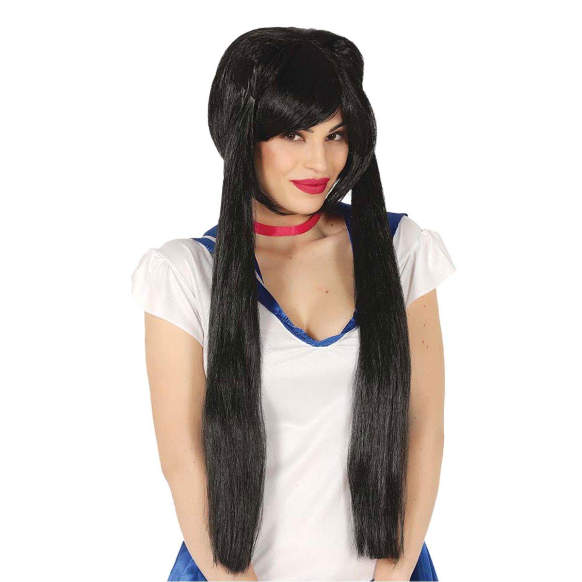 Parrucca Nera Liscia con Codini e Frangia |Guirca