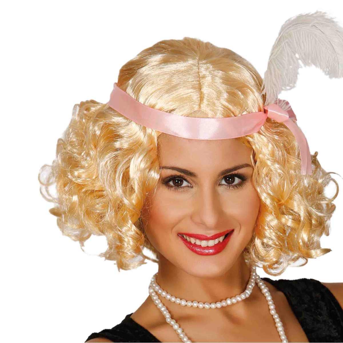 Parrucca Charleston Bionda Mossa con Fascia e Piuma Rosa |Guirca