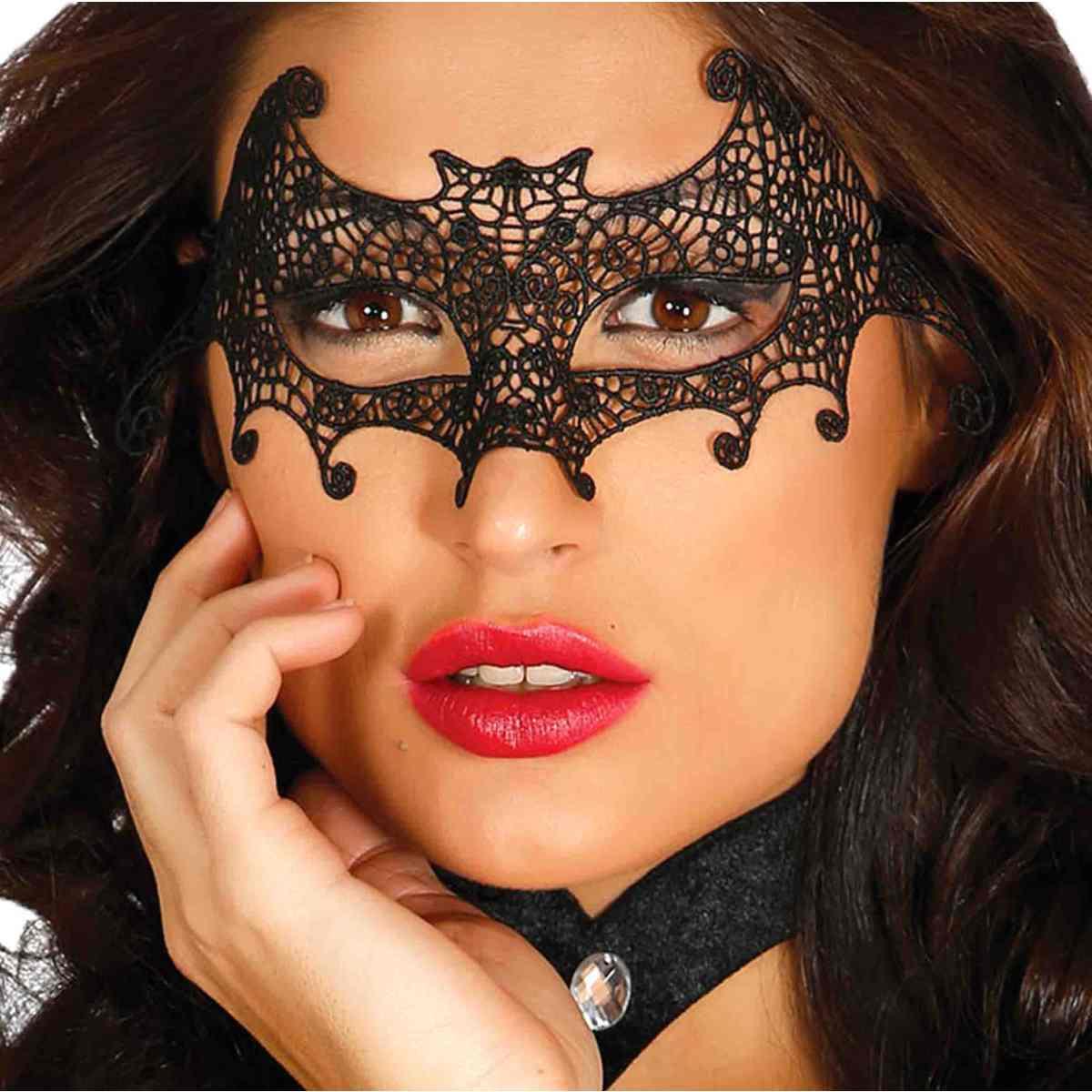 Maschera Viso Tessuto Ricamata Nera Pipistrello |Guirca