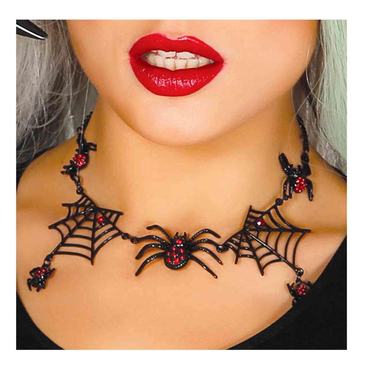 Collana con Ragni e Ragnatele Metallo e Pietre Rosse |Guirca
