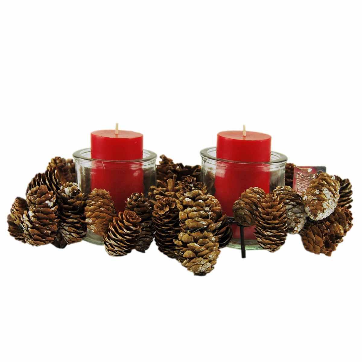 Portacandela Natale con Pigne 2 Bicchieri cm.30x20xh9 |Van Der Leeden