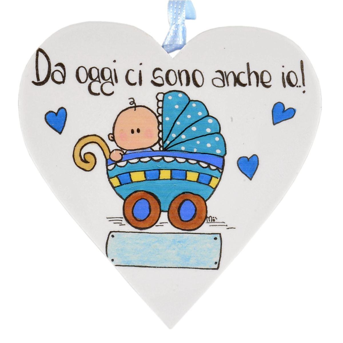 Targa Legno Cuore con Culla Azzurra cm.15 | M2 Store