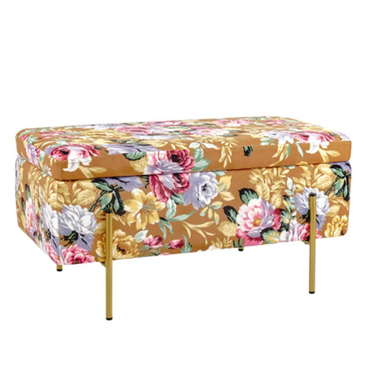Pouf Velluto Rettangolare Marrone con Fiori Apribile cm.80x40x41 | Montemaggi