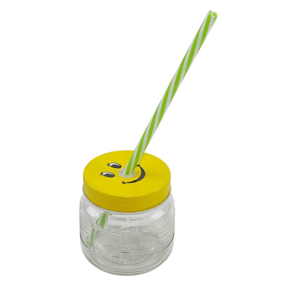 Bicchiere Vetro Barattolo Tappo Smile con Cannuccia ml.255 | Vacchetti